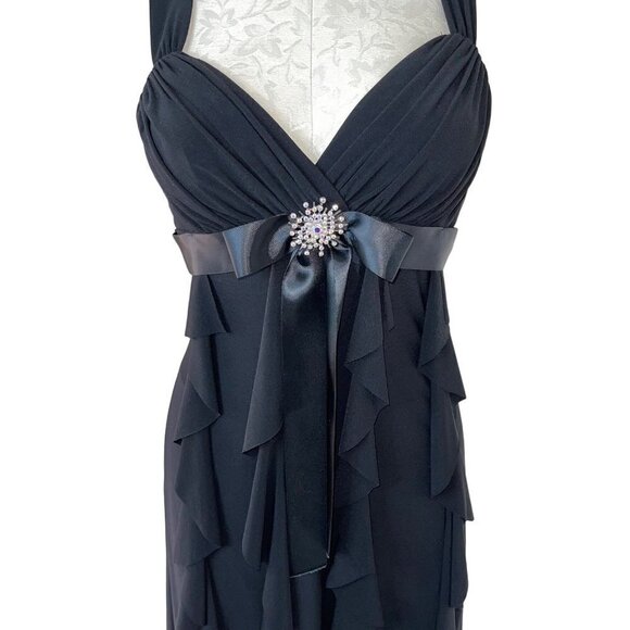 Cache Womens Ruffle Dress Black Size 6 Chiffon Long Ribbon Rhinestone Brooch Bow - Picture 6 of 12